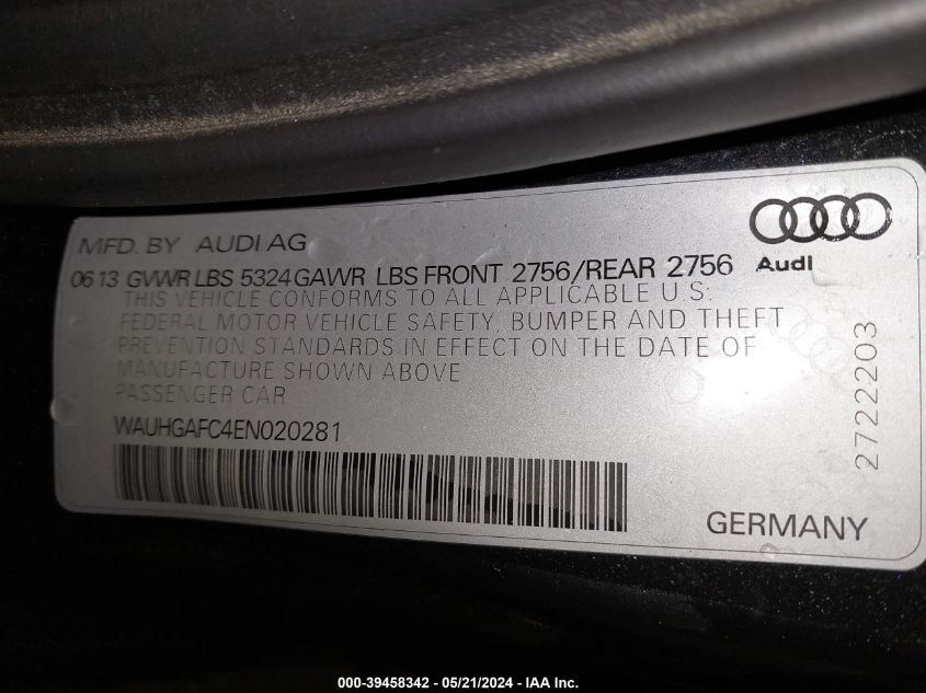 2014 Audi A6 3.0T Premium Plus VIN: WAUHGAFC4EN020281 Lot: 39458342