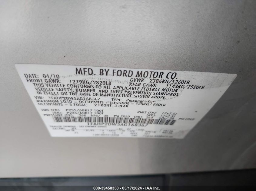 2010 Ford Taurus Se VIN: 1FAHP2DW5AG168367 Lot: 39458350