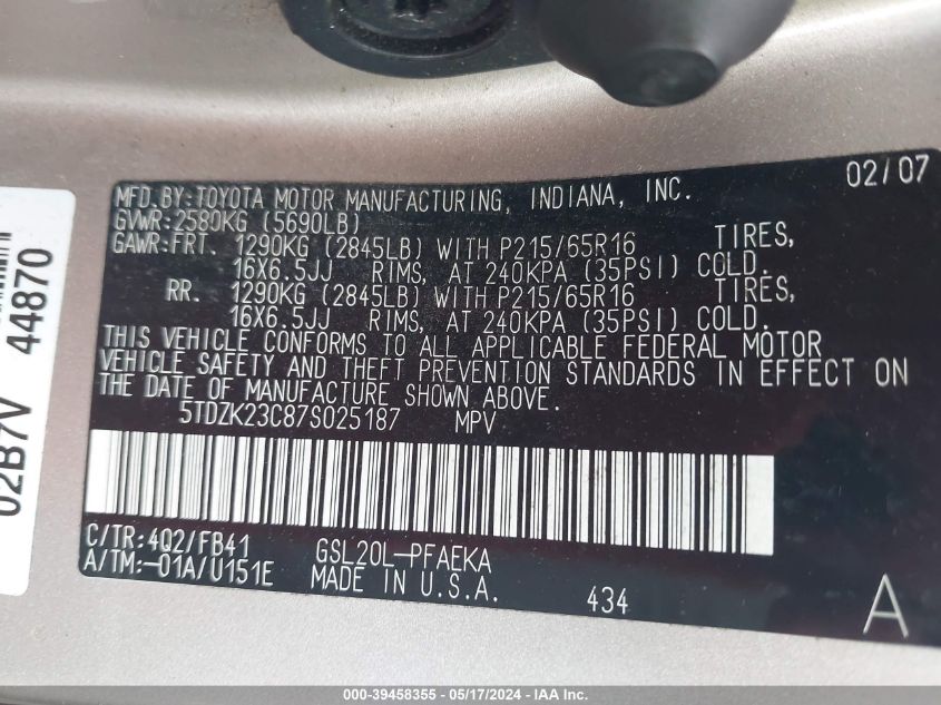 2007 Toyota Sienna Ce/Le VIN: 5TDZK23C87S025187 Lot: 39458355