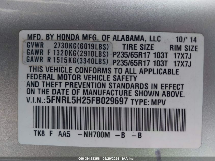 2015 Honda Odyssey Lx VIN: 5FNRL5H25FB029697 Lot: 39458356