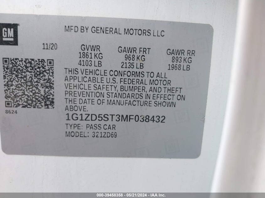 2021 Chevrolet Malibu Fwd Lt VIN: 1G1ZD5ST3MF038432 Lot: 39458358