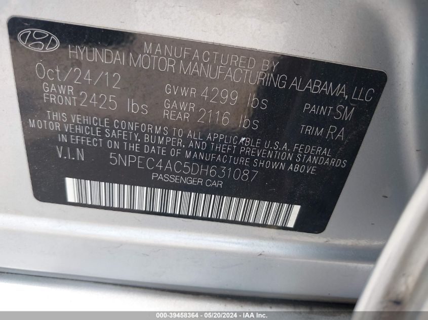 2013 Hyundai Sonata Limited VIN: 5NPEC4AC5DH631087 Lot: 39458364