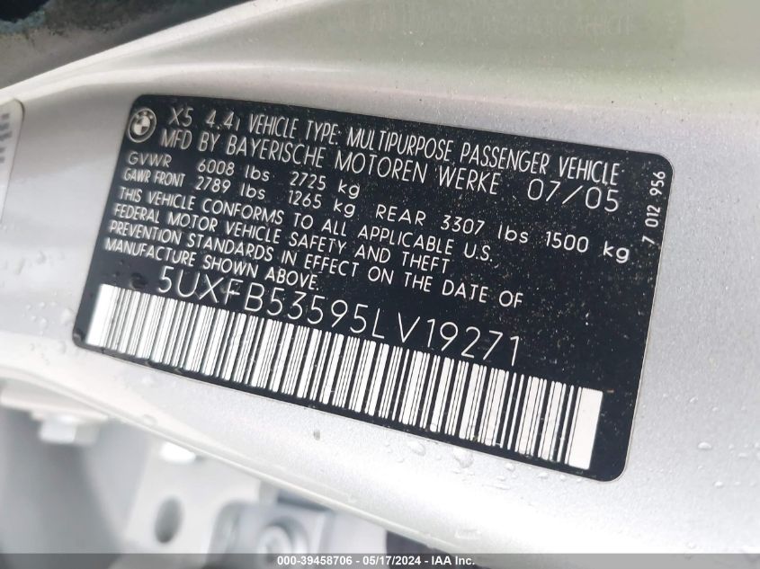 2005 BMW X5 4.4I VIN: 5UXFB53595LV19271 Lot: 39458706