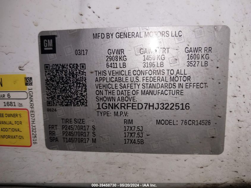 2017 Chevrolet Traverse Ls VIN: 1GNKRFED7HJ322516 Lot: 39458730