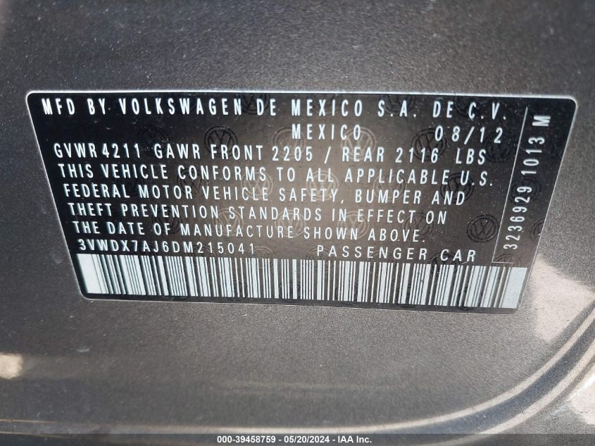 2013 VOLKSWAGEN JETTA 2.5L SE - 3VWDX7AJ6DM215041