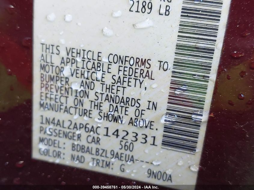 2010 Nissan Altima 2.5 S VIN: 1N4AL2AP6AC142331 Lot: 39458761