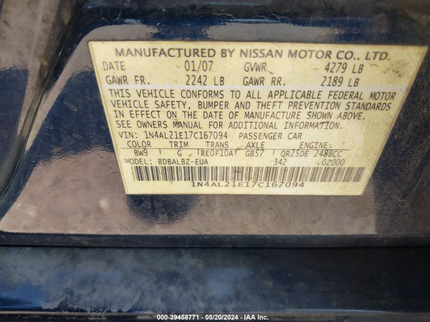 2007 Nissan Altima 2.5 S VIN: 1N4AL21E17C167094 Lot: 39458771