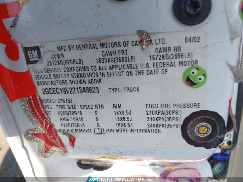2002 Chevrolet Silverado 1500 Ls VIN: 2GCEC19V221348603 Lot: 39458787