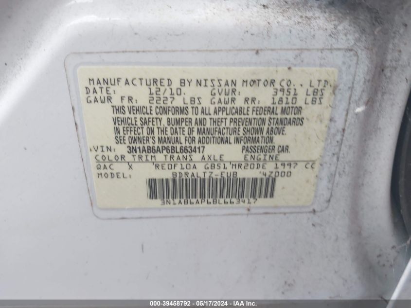 2011 Nissan Sentra 2.0S VIN: 3N1AB6AP6BL663417 Lot: 39458792