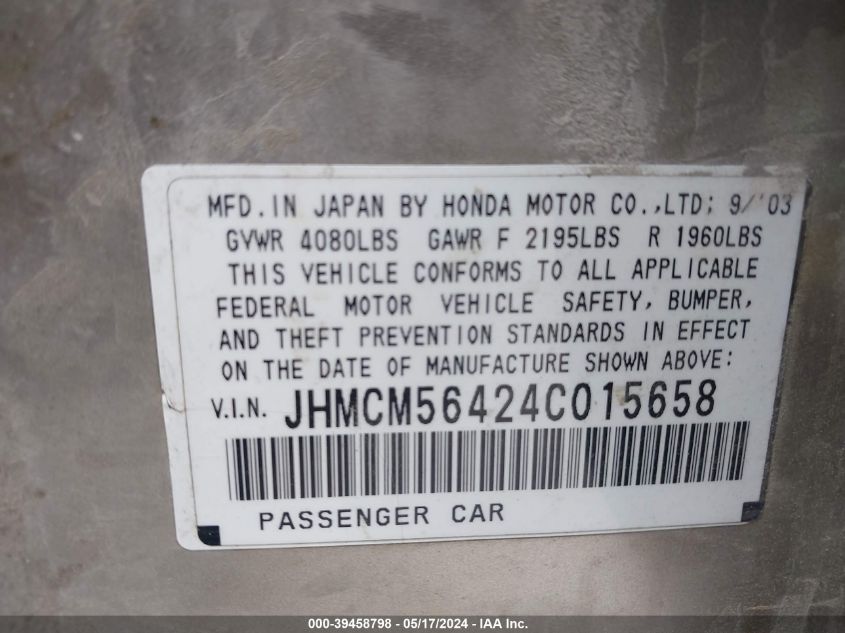 2004 Honda Accord 2.4 Lx VIN: JHMCM56424C015658 Lot: 39458798