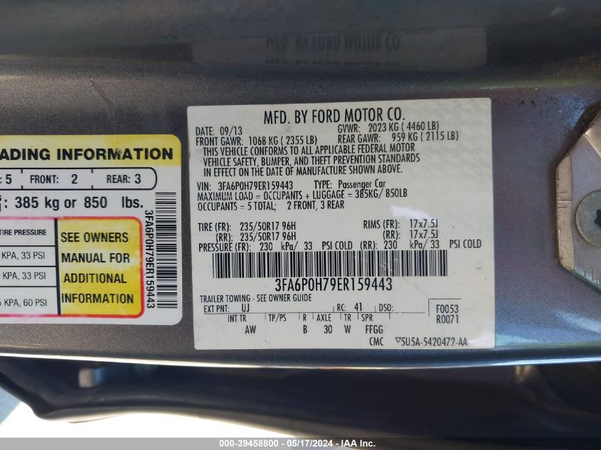 2014 Ford Fusion Se VIN: 3FA6P0H79ER159443 Lot: 39458800