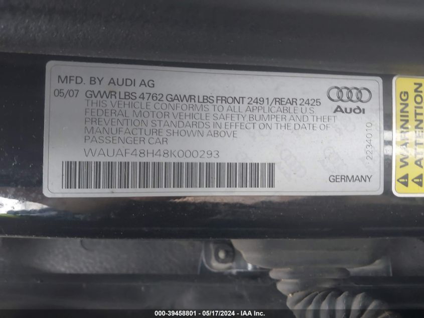 2008 Audi A4 2.0T VIN: WAUAF48H48K000293 Lot: 39458801