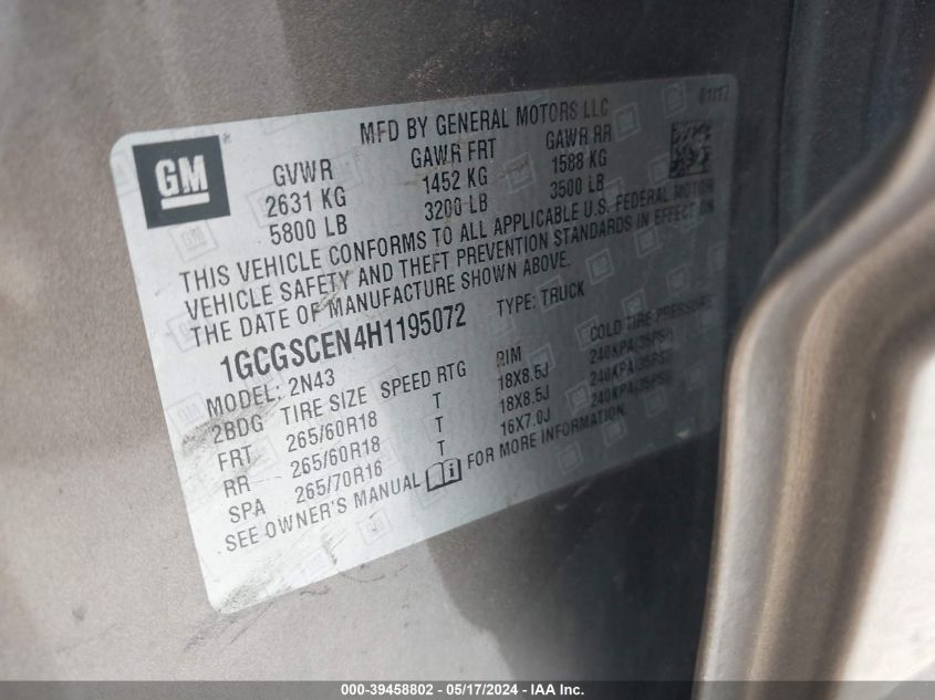 2017 Chevrolet Colorado Lt VIN: 1GCGSCEN4H1195072 Lot: 39458802