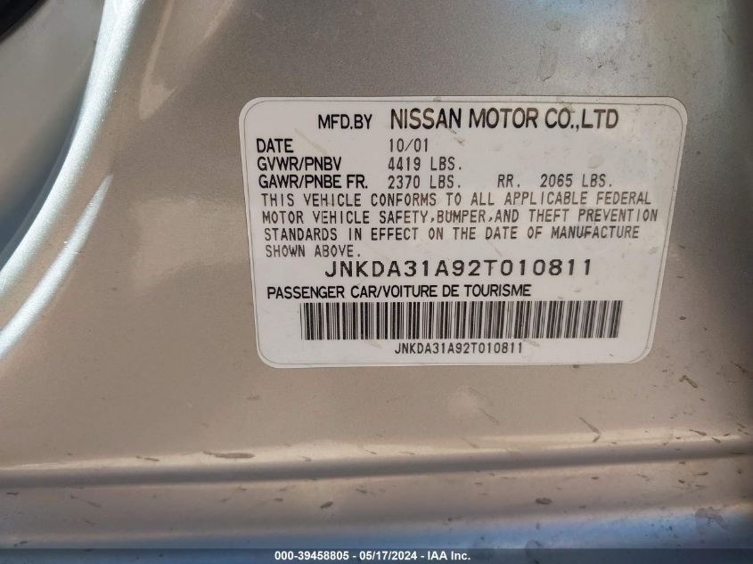 2002 Infiniti I35 Luxury VIN: JNKDA31A92T010811 Lot: 39458805