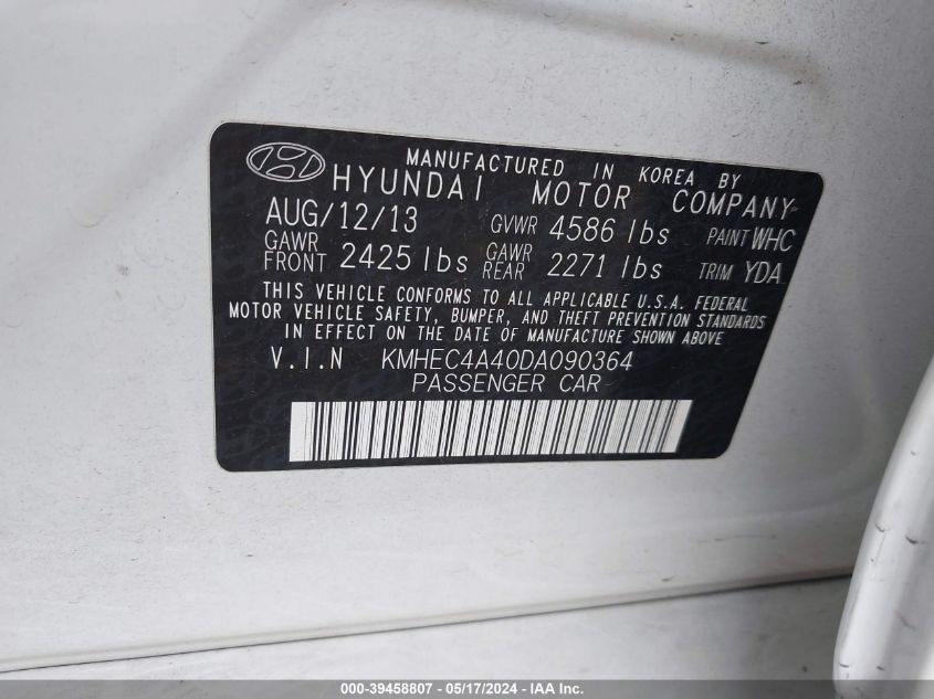 2013 Hyundai Sonata Hybrid Limited VIN: KMHEC4A40DA090364 Lot: 39458807