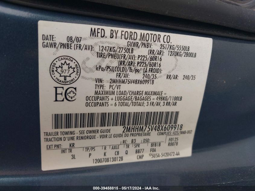 2008 Mercury Grand Marquis Ls VIN: 2MHHM75V48X609918 Lot: 39458815