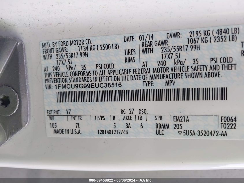 2014 FORD ESCAPE SE - 1FMCU9G99EUC38516