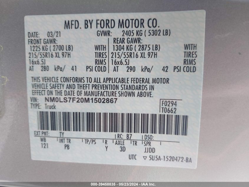 2021 FORD TRANSIT CONNECT XLT - NM0LS7F20M1502867