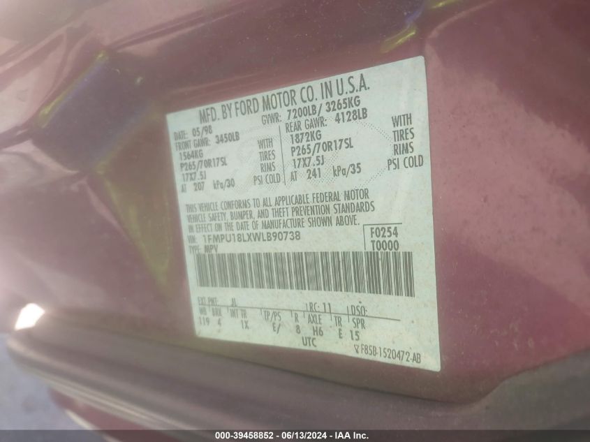 1998 Ford Expedition Eddie Bauer/Xlt VIN: 1FMPU18LXWLB90738 Lot: 39458852