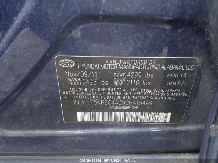 2012 Hyundai Sonata Se VIN: 5NPEC4AC9CH415449 Lot: 39458855