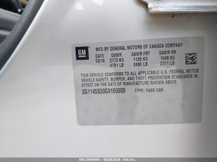 2016 Chevrolet Impala 2Lz VIN: 2G1145S30G9169909 Lot: 39458861