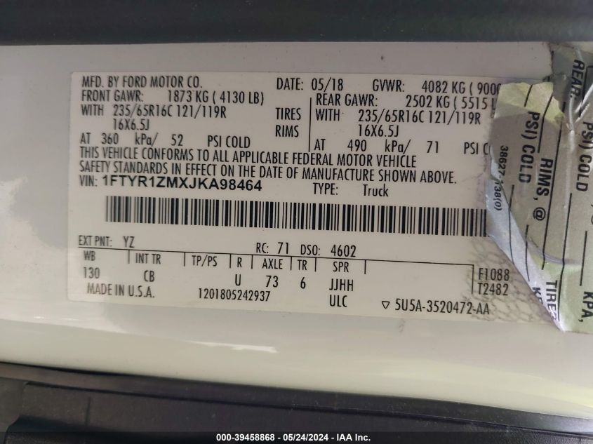 2018 Ford Transit-250 VIN: 1FTYR1ZMXJKA98464 Lot: 39458868