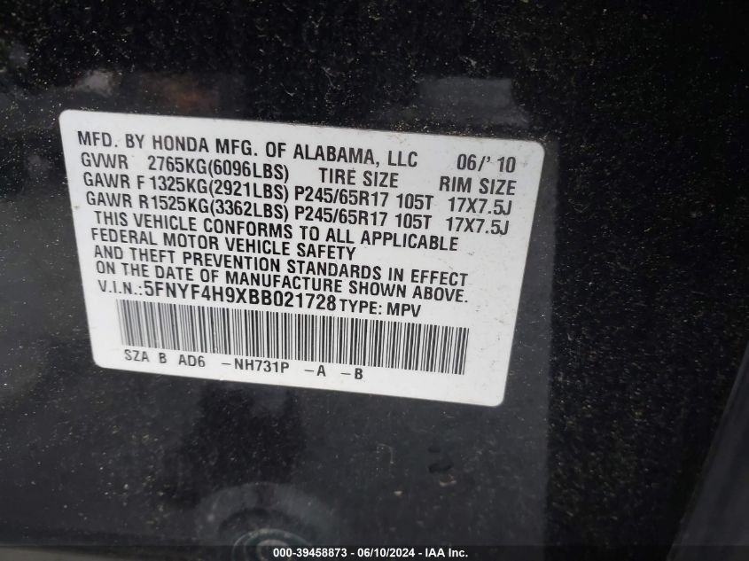 2011 Honda Pilot Touring VIN: 5FNYF4H9XBB021728 Lot: 39458873