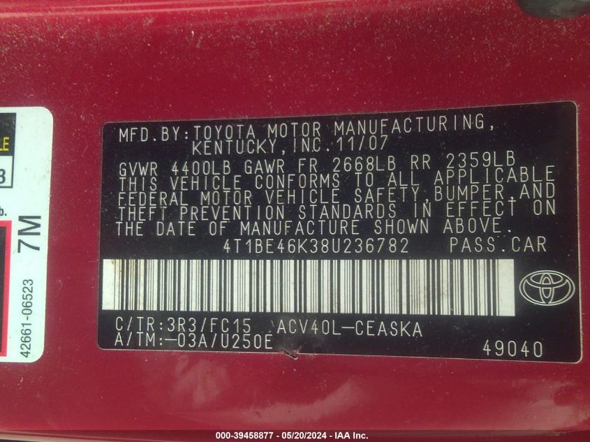 2008 Toyota Camry Se VIN: 4T1BE46K38U236782 Lot: 39458877