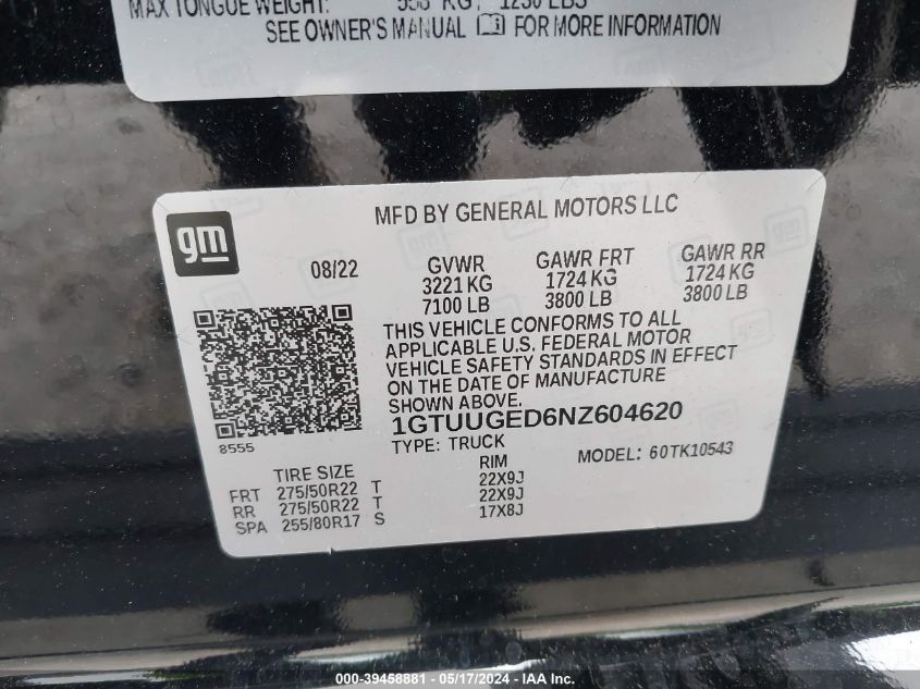 2022 GMC Sierra 1500 4Wd Short Box Denali VIN: 1GTUUGED6NZ604620 Lot: 39458881