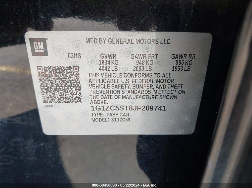 2018 Chevrolet Malibu 1Fl VIN: 1G1ZC5ST8JF209741 Lot: 39458890
