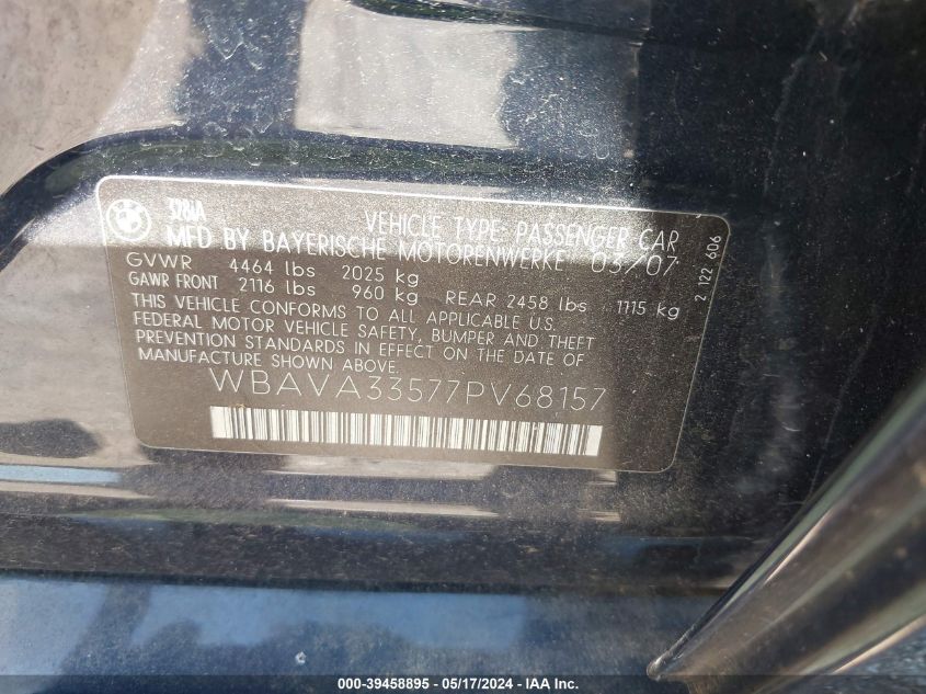 2007 BMW 328I VIN: WBAVA33577PV68157 Lot: 39458895
