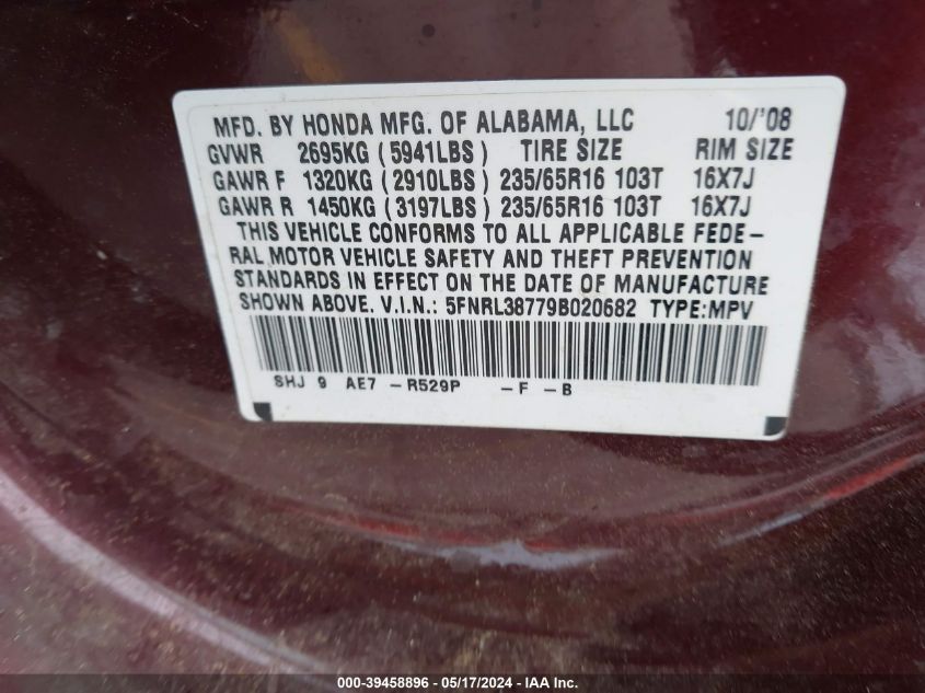 2009 Honda Odyssey Ex-L VIN: 5FNRL38779B020682 Lot: 39458896