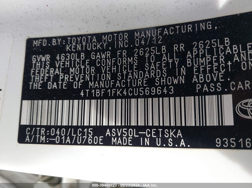 2012 Toyota Camry Se VIN: 4TLBFLFK4CU569643 Lot: 39458923