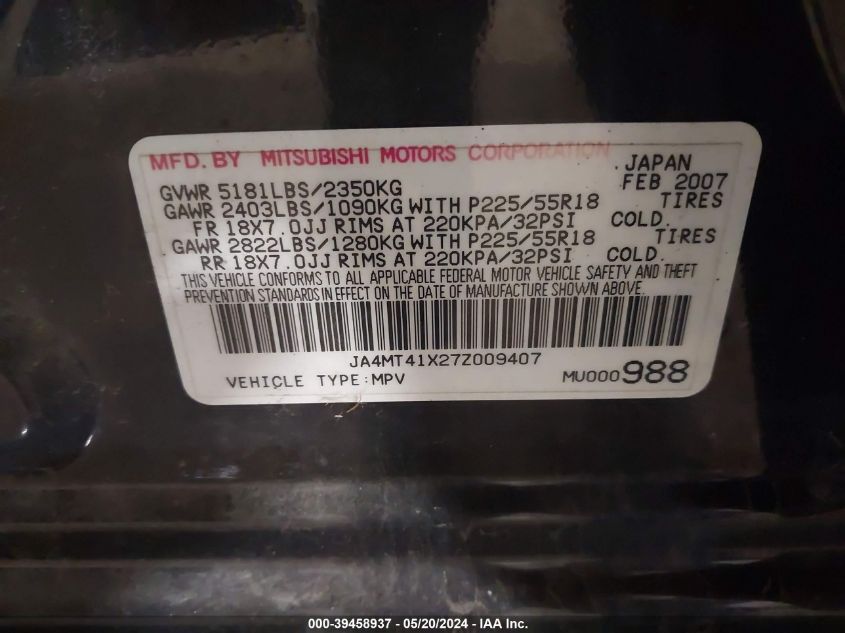 2007 Mitsubishi Outlander Xls VIN: JA4MT41X27Z009407 Lot: 39458937