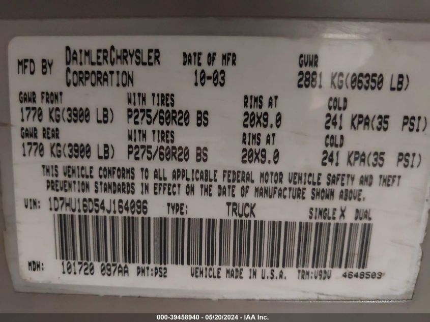 2004 Dodge Ram 1500 Slt/Laramie VIN: 1D7HU16D54J164096 Lot: 39458940