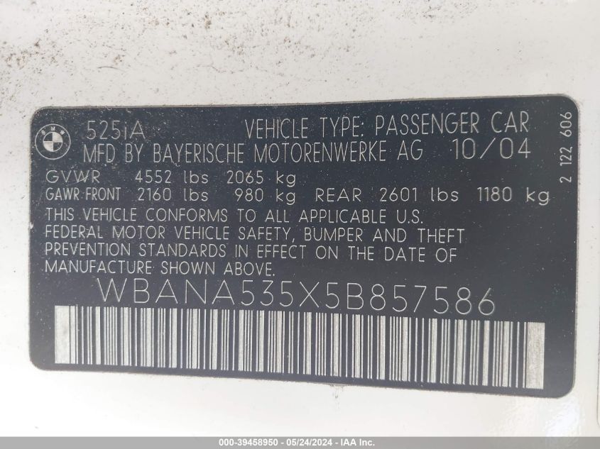 2005 BMW 525I VIN: WBANA535X5B857586 Lot: 39458950