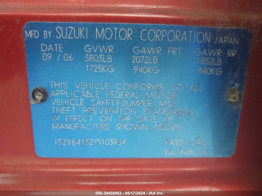 2007 Suzuki Sx4 Convenience/Rally VIN: JS2YB413275103954 Lot: 39458953