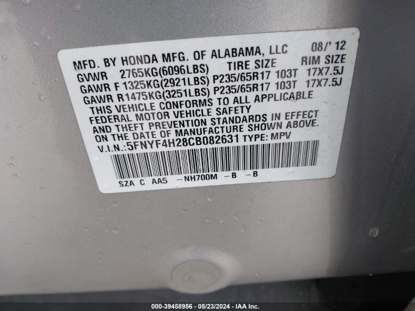 2012 Honda Pilot Lx VIN: 5FNYF4H28CB082631 Lot: 39458956
