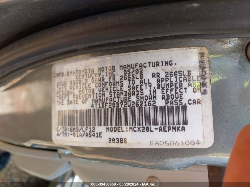 2002 Toyota Avalon Xl VIN: 4T1BF28B72U262162 Lot: 39458958