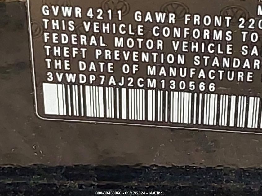 2012 Volkswagen Jetta 2.5L Se VIN: 3VWDP7AJ2CM130566 Lot: 39458960