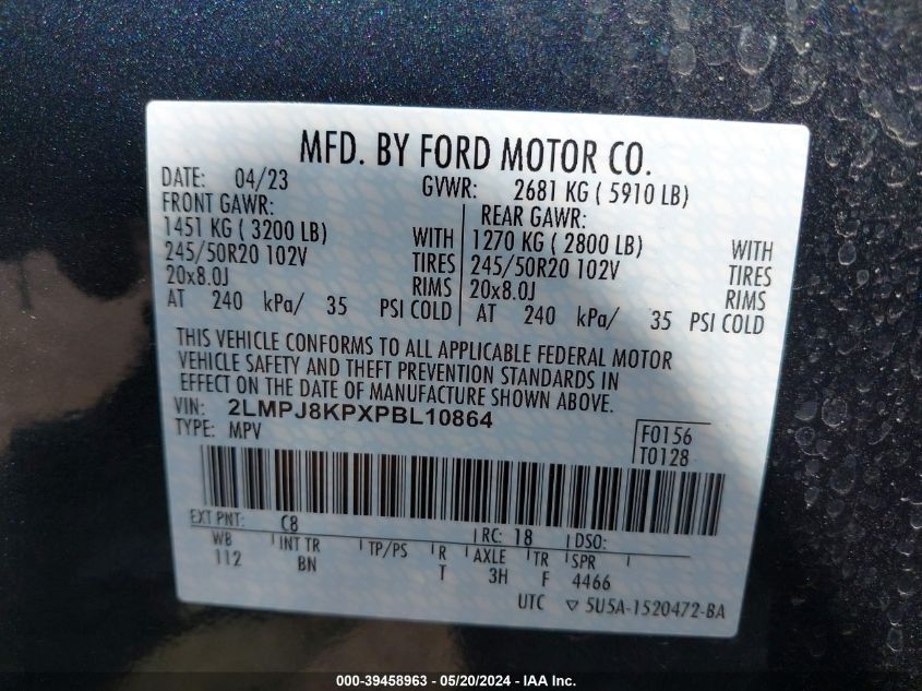 2023 Lincoln Nautilus Reserve VIN: 2LMPJ8KPXPBL10864 Lot: 39458963