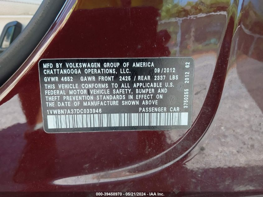 2013 Volkswagen Passat 2.0L Tdi Se VIN: 1VWBN7A37DC033946 Lot: 39458970