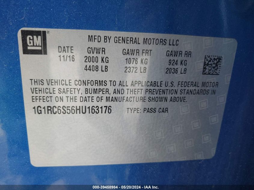 2017 Chevrolet Volt Lt VIN: 1G1RC6S56HU163176 Lot: 39458984