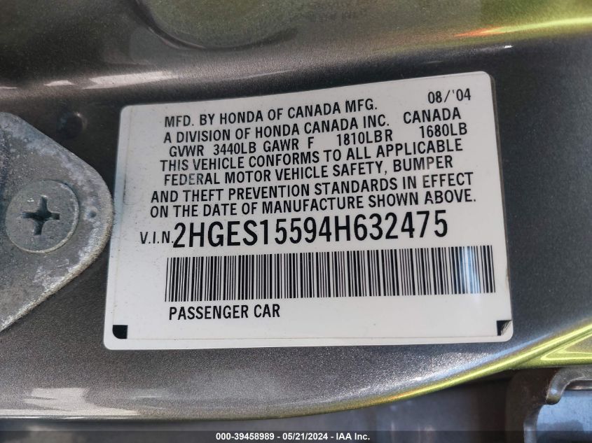 2004 Honda Civic Lx VIN: 2HGES15594H632475 Lot: 39458989