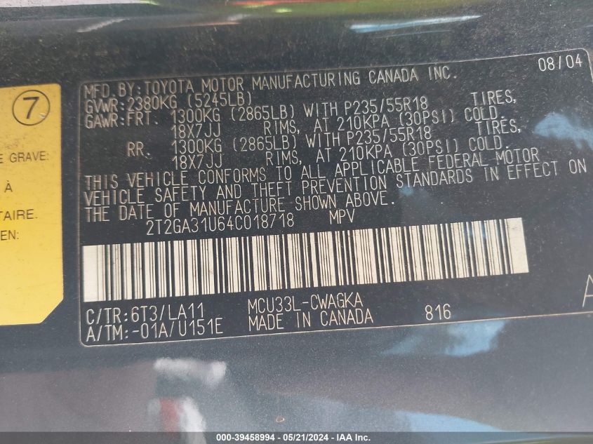 2004 Lexus Rx 330 VIN: 2T2GA31U64C018718 Lot: 39458994