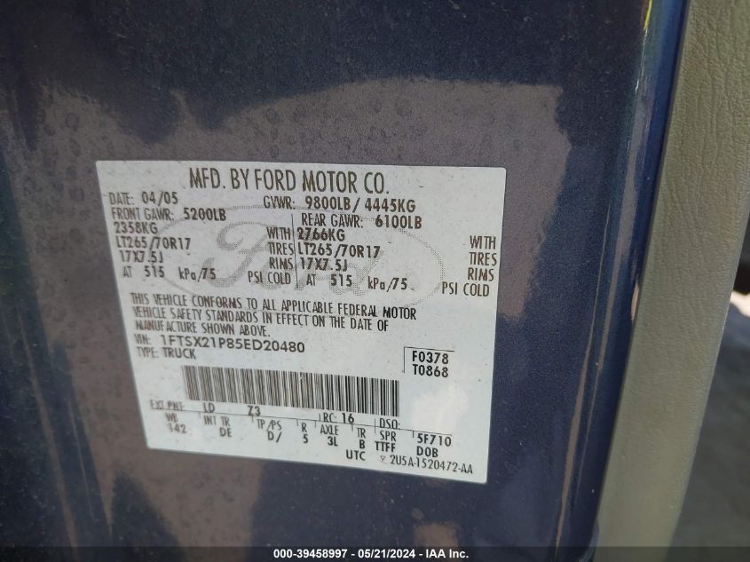 2005 Ford F-250 Lariat/Xl/Xlt VIN: 1FTSX21P85ED20480 Lot: 39458997