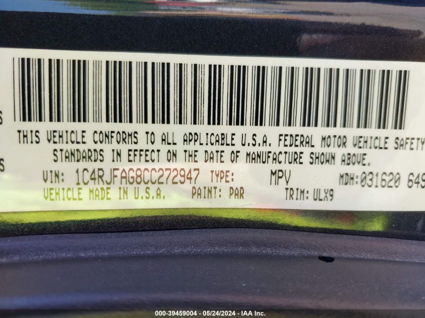 2012 Jeep Grand Cherokee Laredo VIN: 1C4RJFAG8CC272947 Lot: 39459004