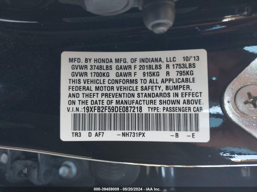 2013 Honda Civic Lx VIN: 19XFB2F59DE087218 Lot: 39459009