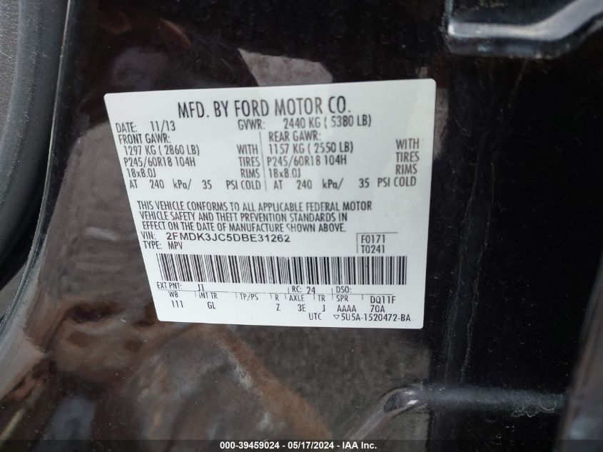 2013 Ford Edge Sel VIN: 2FMDK3JC5DBE31262 Lot: 39459024