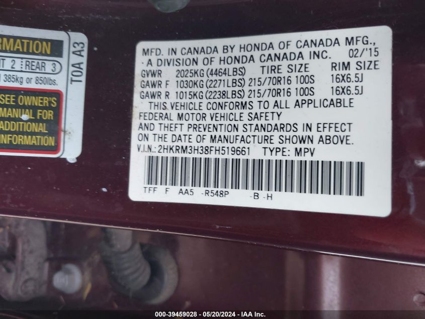 2015 Honda Cr-V Lx VIN: 2HKRM3H38FH519661 Lot: 39459028